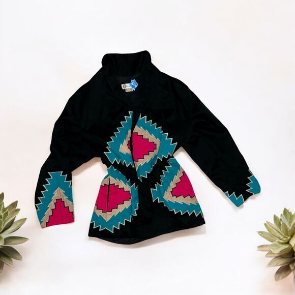 VICTOR CAMARENA Vtg Long Black Jacket Hand Embroidered Southwest Design Sz L - Picture 3 of 4